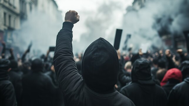 A large crowd of protesters is gathered on a city street, expressing their anger and frustration by raising their fists. Smoke from flares adds tension to the atmosphere of the demonstration.