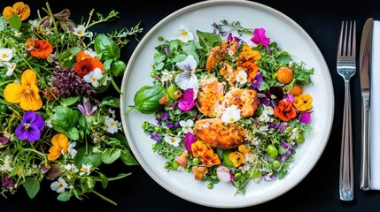 Grilled Salmon with Edible Flowers and Greens on White Plate
