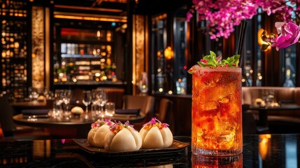 Gourmet Dim Sum and Cocktail in Elegant Restaurant Setting