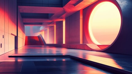 Modern Architecture  Stairway to Heaven  Futuristic Design  Circular Window  Concrete Walls  Pink and Blue Lighting