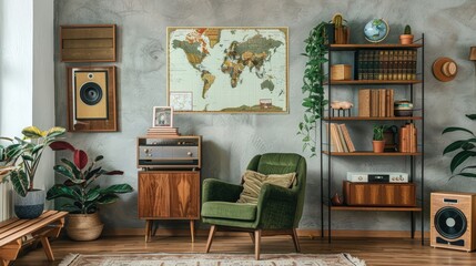 Vintage Vibes Living Room with Retro Decor and Vinyl Recorder