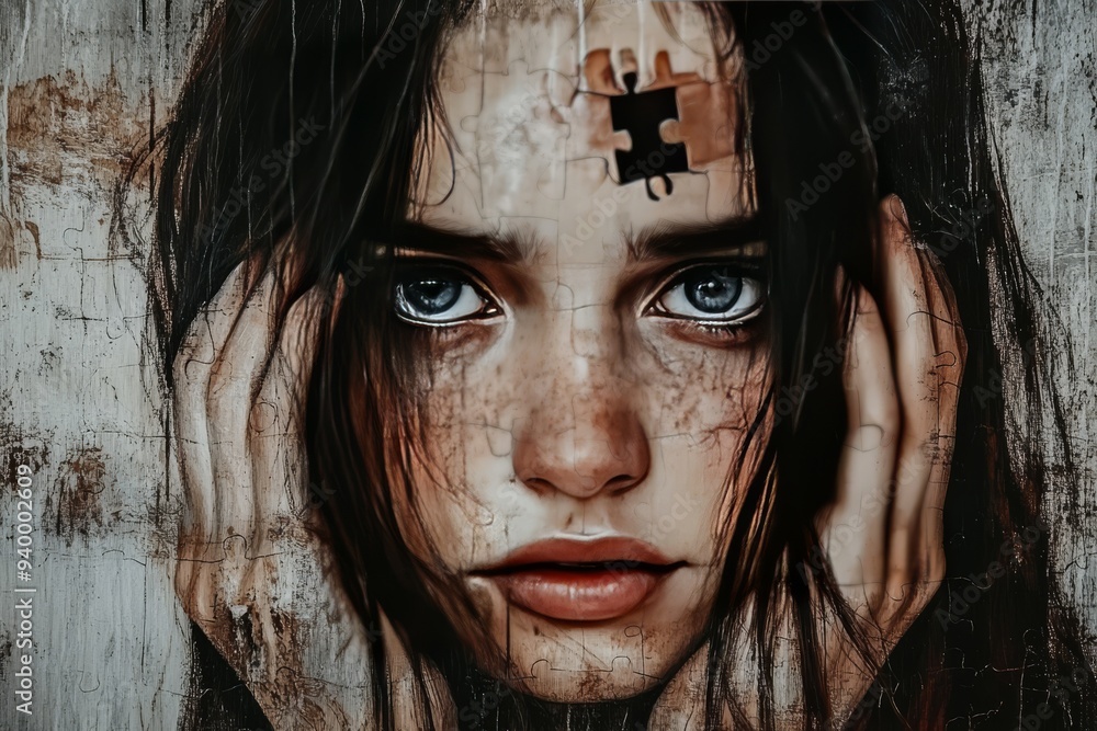 Poster surreal digital portrait of a woman with puzzle pieces and a glowing brain symbolizing the complex n