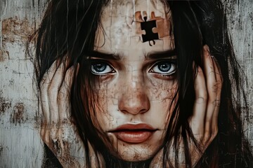 Surreal digital portrait of a woman with puzzle pieces and a glowing brain symbolizing the complex nature of identity and the dynamic process of self discovery