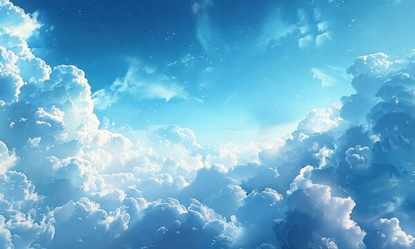 Bright blue sky with puffy white clouds and scattered stars