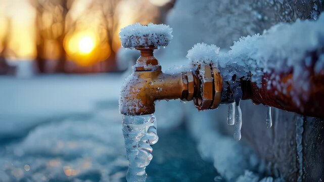 Frozen faucet in winter, close-up water tap mixer on the water pipe is frozen in ice and snow