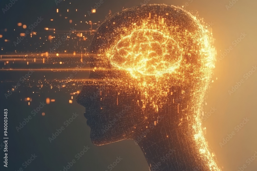 Poster digital art of a human profile with a glowing brain and neural pathways symbolizing the brilliance o