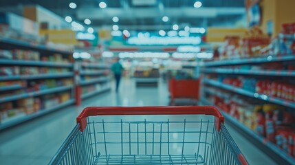 Empty shopping cart in grocery store. POV concept. Shopping concept