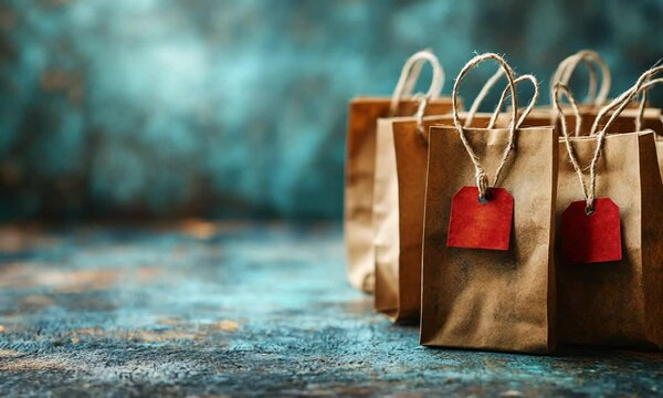 Brown paper gift bags with red gift tags on a rustic wooden table.