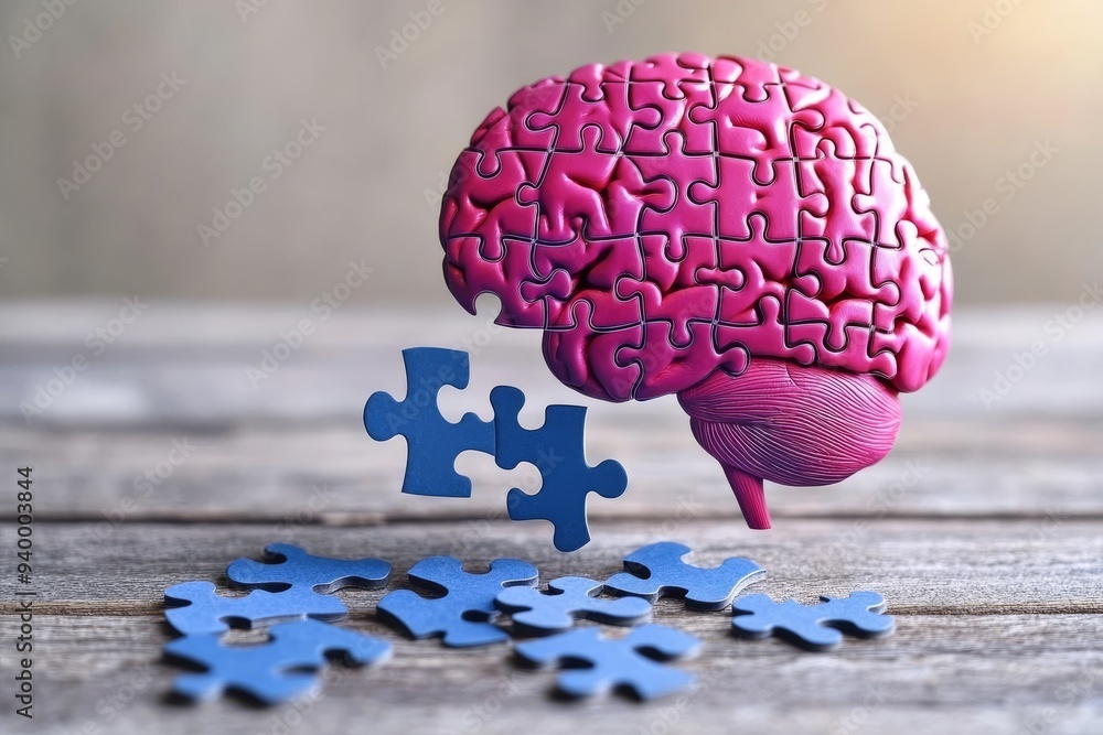 Poster creative digital art of a pink brain with puzzle pieces symbolizing the complexity of thought and th