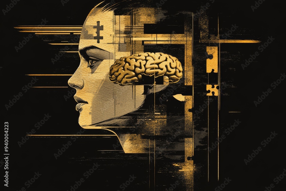 Poster abstract digital art of a futuristic human profile with glowing elements symbolizing the intersectio