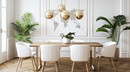 Contemporary Elegance Dining Room with Gold Pendant Lamp and Tropical Accents
