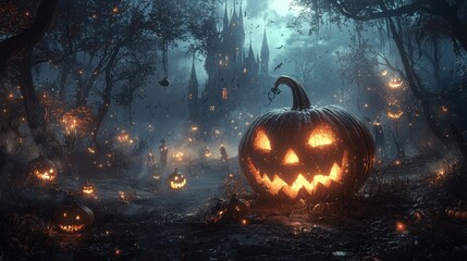 Fototapeta premium Spooky Halloween Night with Jack o Lantern and Haunted Castle