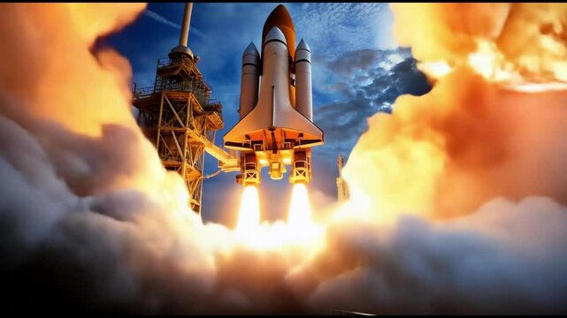 Large rocket engine ignition, powerful and hot flames burst out of the nozzle, rocket launch at night, vertical takeoff of large space exploration rocket with boosters