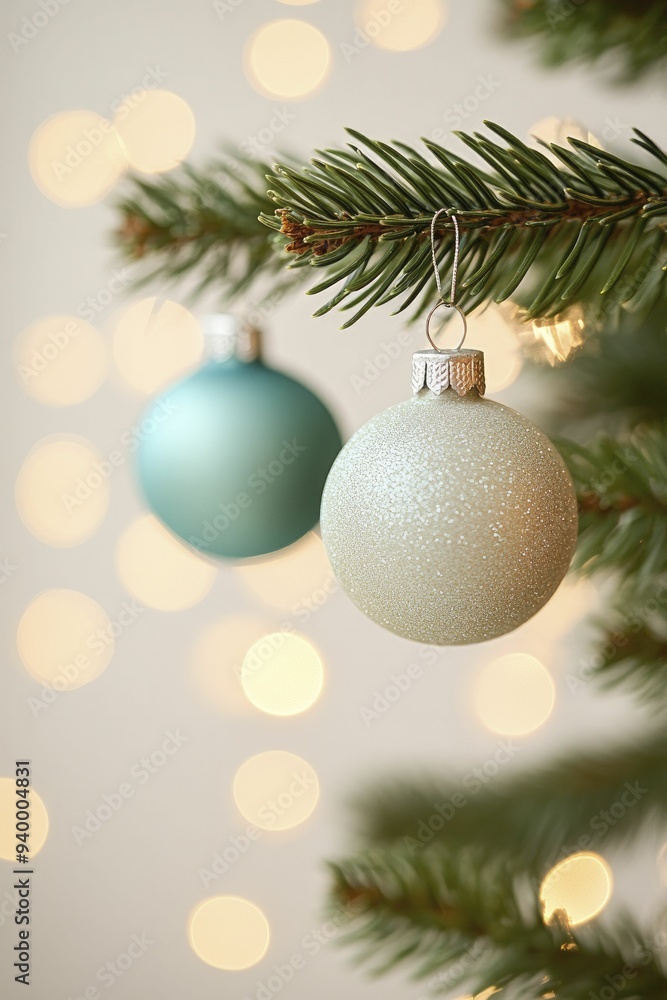 Sticker Vintage Christmas ornaments hanging delicately on a tree, reflecting the soft light of flickering candles