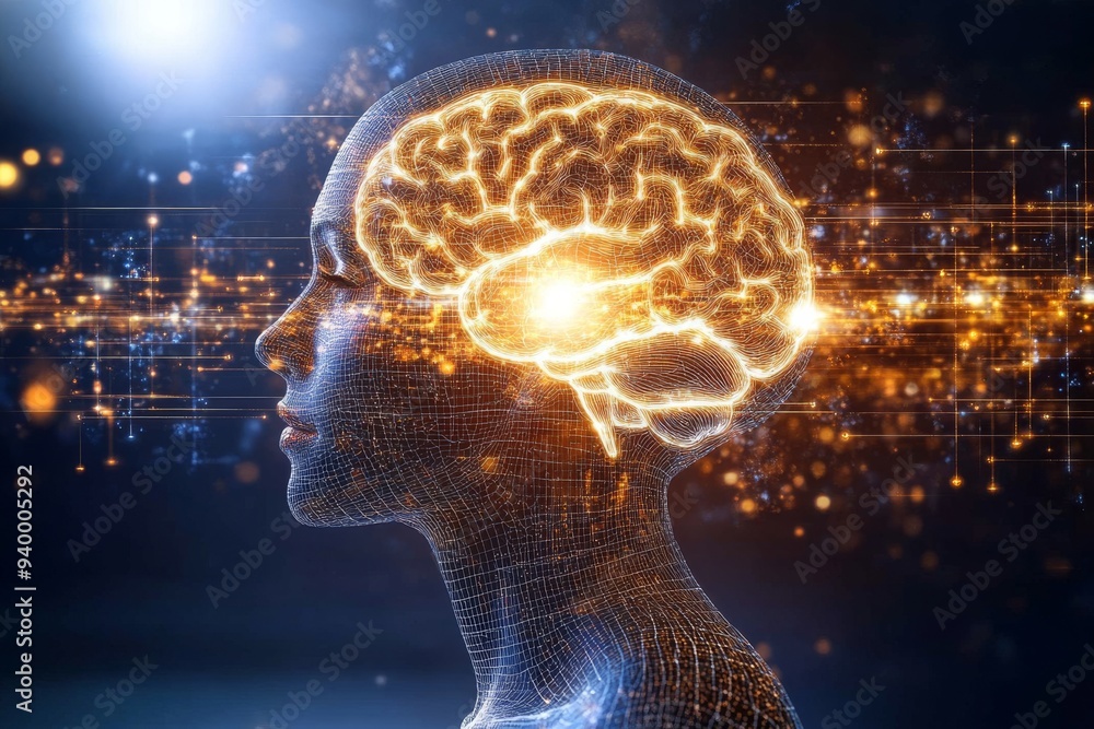 Poster abstract digital illustration of a human profile with a brain composed of puzzle pieces symbolizing 