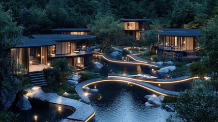Modern Luxury Villas with Serene Pond and Winding Pathways