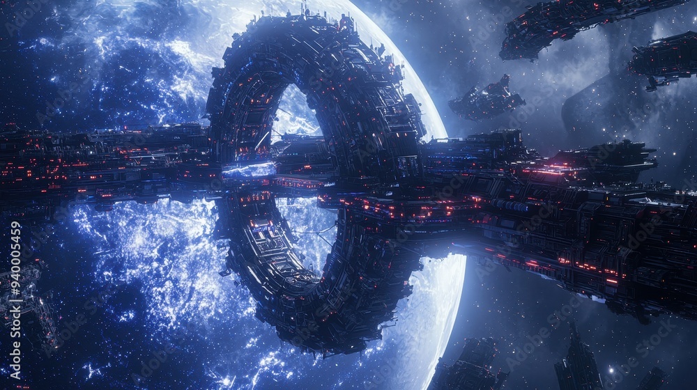 Poster futuristic space station orbiting planet with stars in background