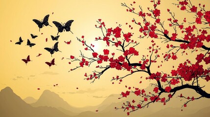 Naklejka premium Black Butterflies Flying Towards Red Cherry Blossom Tree in a Golden Sunset Landscape