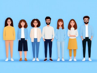 Fototapeta premium A diverse group of cartoon characters standing together, showcasing friendship and community in a vibrant illustration.