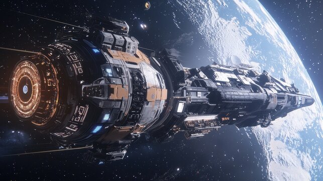 Futuristic Spaceship Orbiting Earth in Space