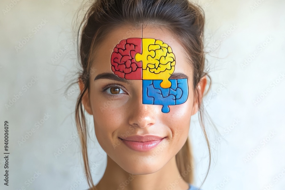 Poster minimalistic digital portrait of a woman with a puzzle brain and a bright smile symbolizing the comp