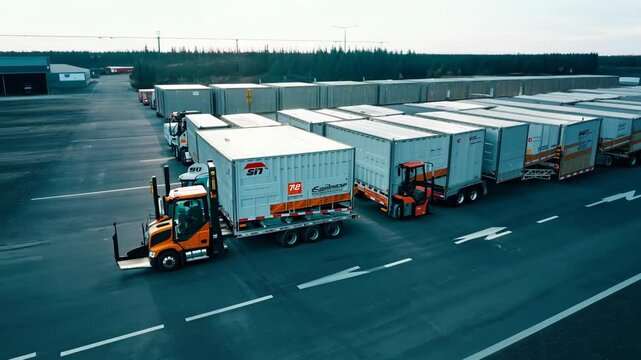 Efficient Logistics Park: Trucks at Loading and Unloading Ramps