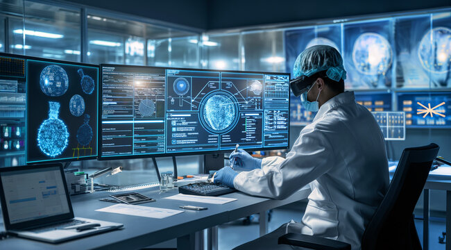 Medical bio laboratory, Research, Science test technology. Pharmaceutical lab specialist examines medicine vials, hospital patient samples. Medical student conducts research. Realistic style photo