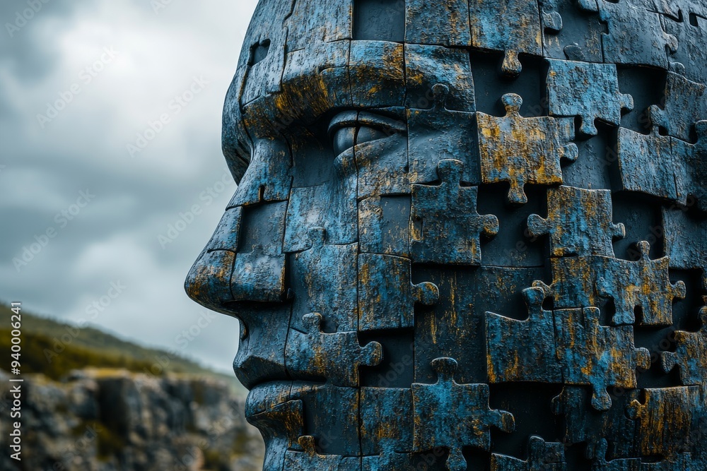 Poster surreal stone face made of puzzle pieces symbolizing the complexity of human identity and self disco