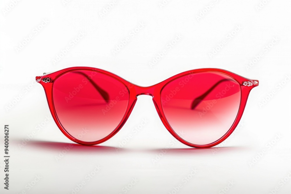 Poster a pair of bright red sunglasses lying on a clean white surface, perfect for adding a pop of color to