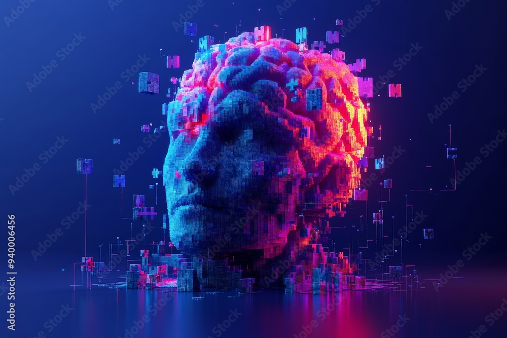 Poster futuristic 3d head with vibrant glowing circuits and digital elements representing advanced ai and t