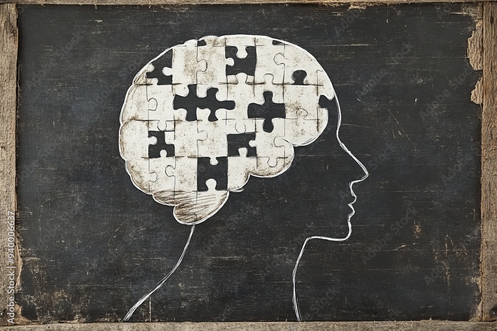Aufkleber minimalistic chalk drawing of a human profile with puzzle pieces on a blackboard symbolizing the puz
