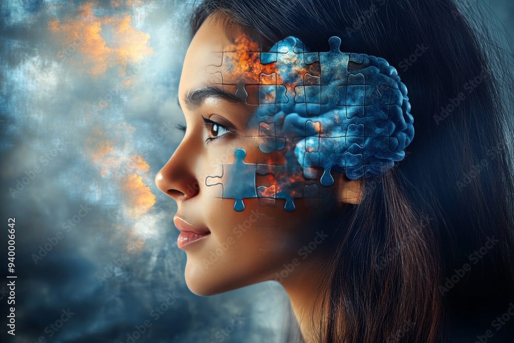 Poster side profile of a woman with a colorful abstract brain visualizing imagination creativity and the po