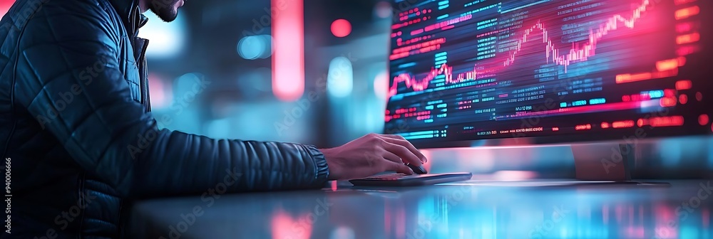 Poster person using computer to analyze data - photo