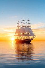 A majestic sailing ship gracefully gliding on calm waters during a stunning sunset, capturing the beauty of ocean adventure.
