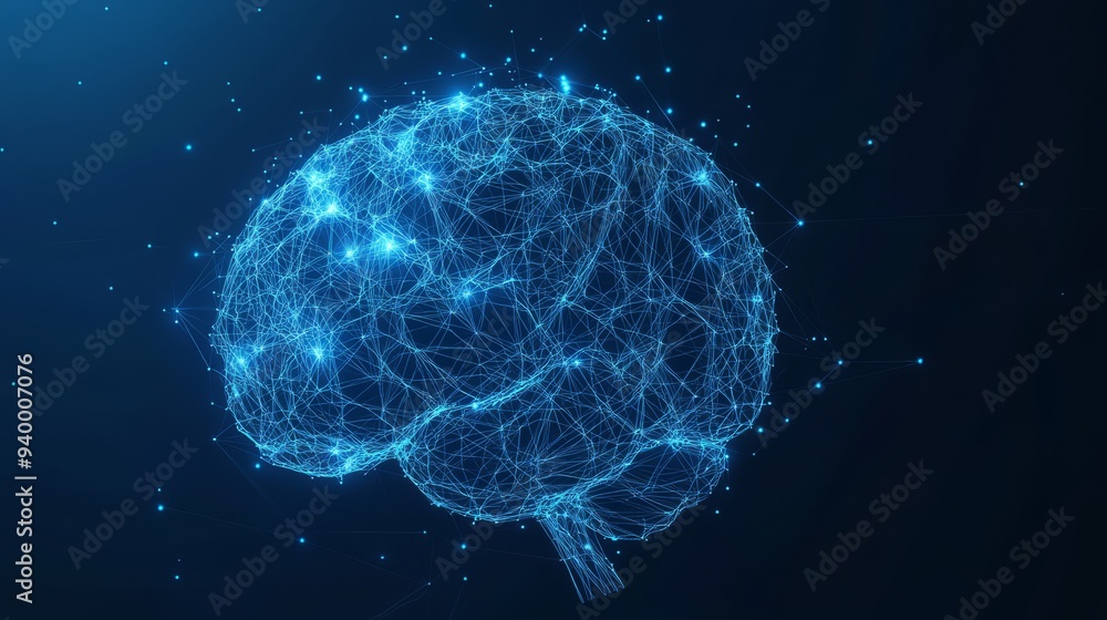 Poster human brain. best idea concept. with dark blue background. low poly wireframe with lines, dots and g