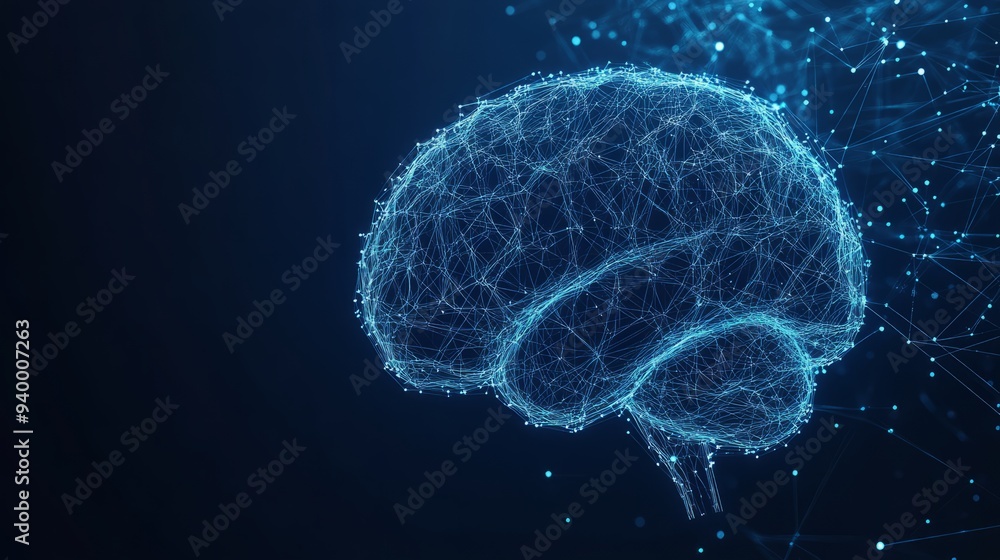 Poster human brain. best idea concept. with dark blue background. low poly wireframe with lines, dots and g