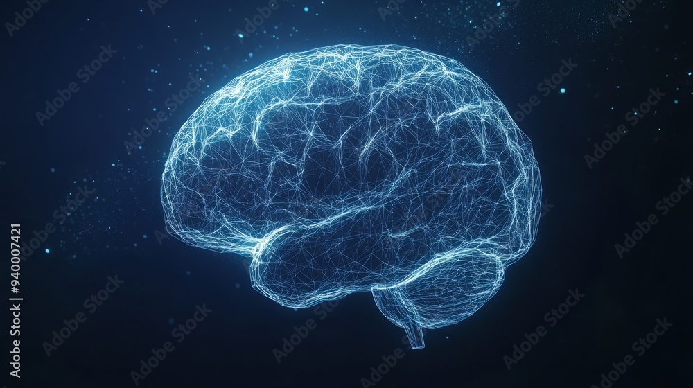 Poster human brain. best idea concept. with dark blue background. low poly wireframe with lines, dots and g