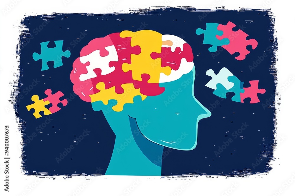 Poster abstract illustration of a brain made from puzzle pieces representing problem solving mental health 