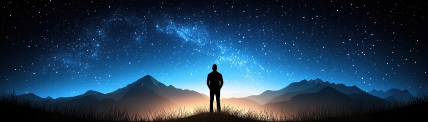 Fototapeta premium A silhouette of a person standing against a starry night sky, surrounded by majestic mountains and a serene landscape.