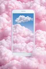 A smartphone surrounded by soft pink clouds, evoking a dreamy and whimsical atmosphere in a modern digital context.