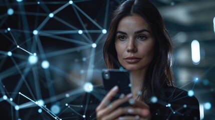 IOT Multichannel online banking payment communication network digital technology internet wireless application development mobile smartphone sync app: Business woman holding smart phone icon flow.