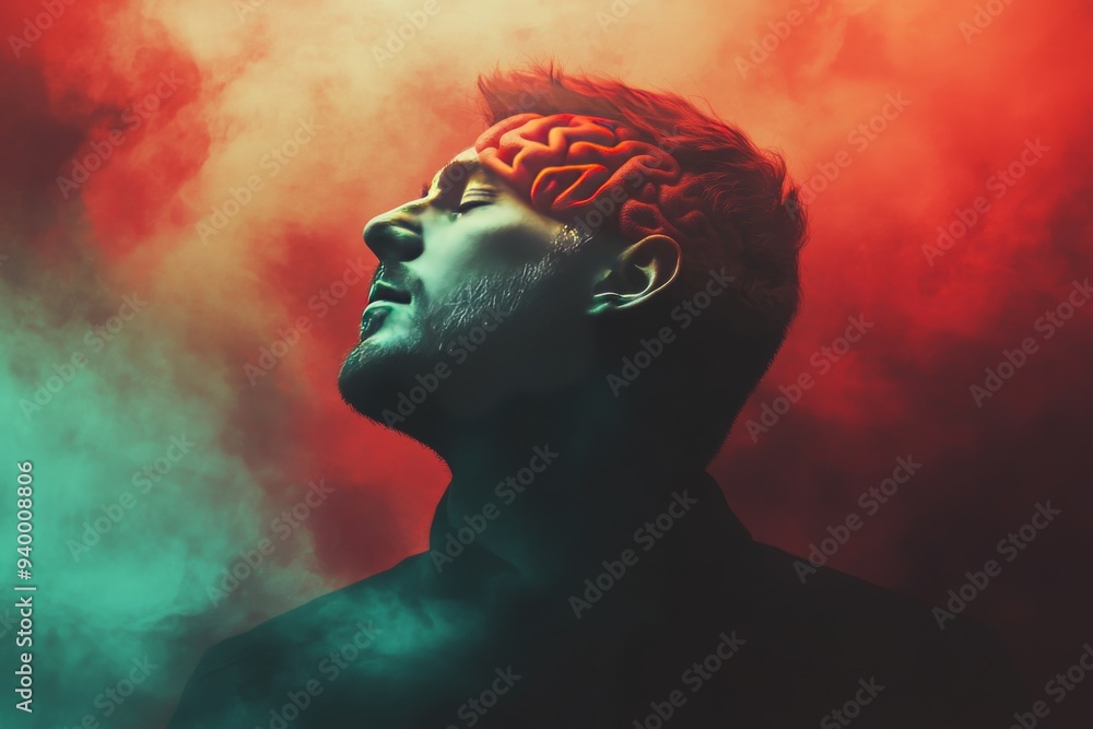 Aufkleber silhouette of a man with a glowing red brain symbolizing intense focus creativity and the fiery natu