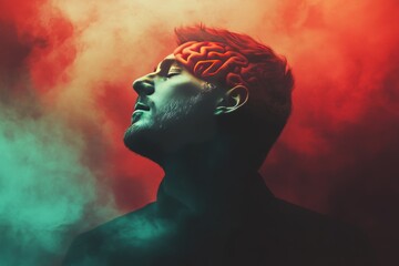 Silhouette of a man with a glowing red brain symbolizing intense focus creativity and the fiery nature of mental power in a dynamic abstract style