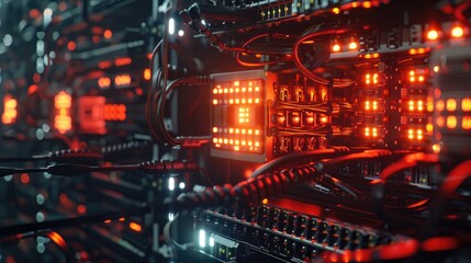 Obraz premium Rows of server wires, flashing lamps and connectors. CGI.