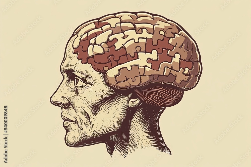 Aufkleber vintage illustration of an elderly man with a puzzle piece brain symbolizing wisdom memory and the c
