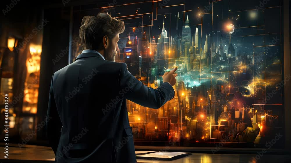 Poster businessman touchscreen on the graph of a media screen, technology process system business with comm
