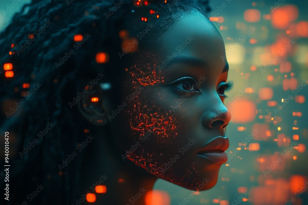 Aufkleber portrait of a woman with a digital face and neural networks symbolizing technology ai and the interc