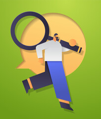 Person holding magnifying glass concept search. Abstract figure with magnifying glass over speech bubble background in green and yellow tones. Paper cut style