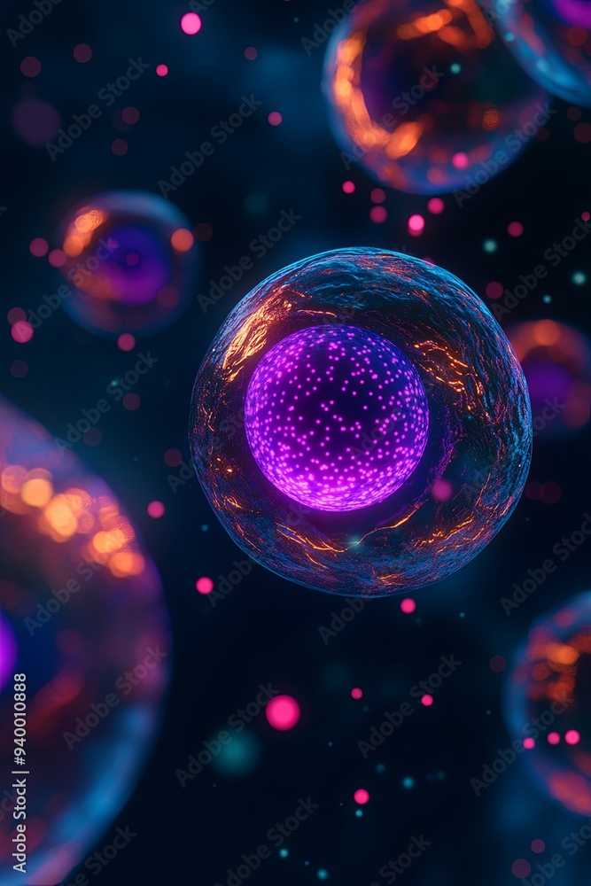 Poster abstract 3d rendering of glowing cells in a dark background, with a focus on the one in the foregrou