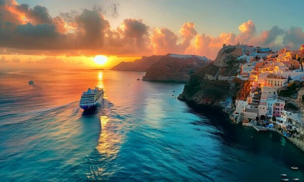 Cruise ship sails past a picturesque town with colorful buildings and cliffs, as the sun sets over the ocean